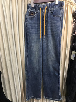 Authentic Store Brand 23938 Model Spring New Large Size Plus Size Elastic Denim Wide-Leg Pants for Plus-Size Women