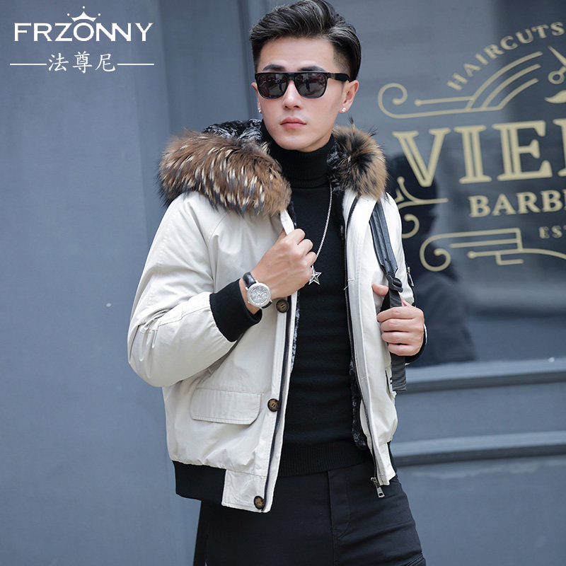 Faction to overcome male short leather fur integrated liner raccoon fur collar and hat youth trend Korean version jacket grey white coat