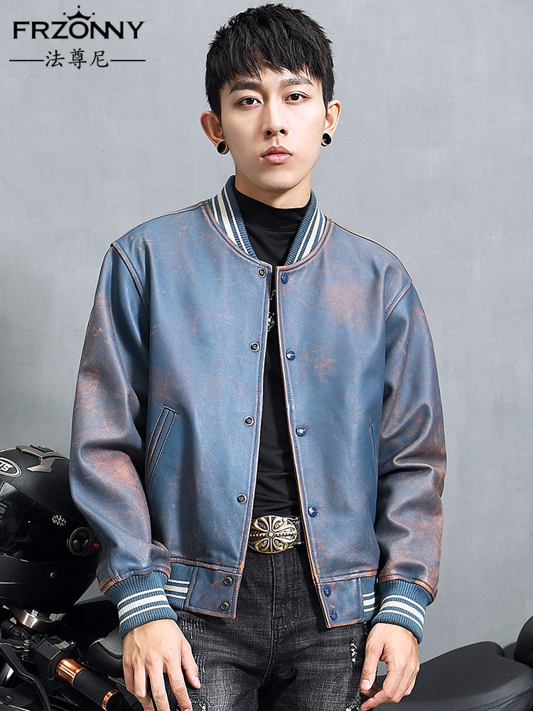 Men's leather jacket new leather jacket short sheepskin ancient old baseball collar youth locomotive trend jacket