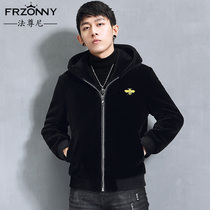 Sheep-cut mens short wool jacket embroidered little bee hooded feather fur one Haining fur coat tide