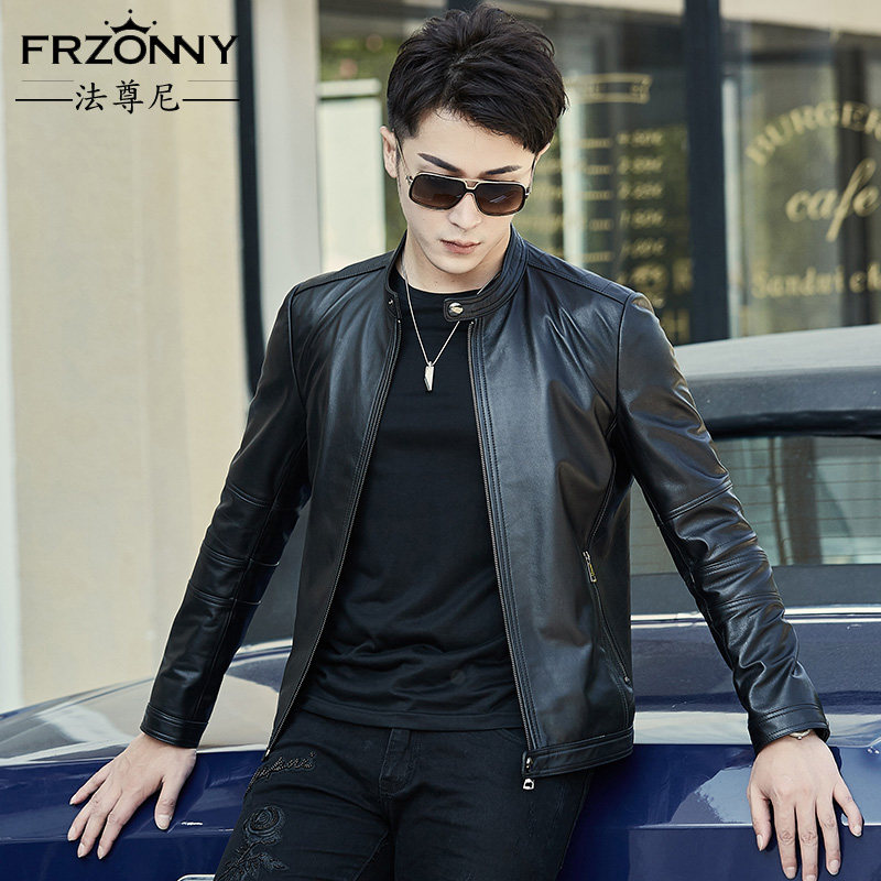 2021 Fall new Hainen genuine leather leather clothing Male Short Neckline Head Layer Cow Leather Jacket Locomotive Thin jacket