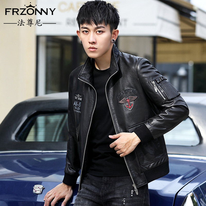 Haining Leather Men's Short Goatskin Leather Jacket Vertical Collar Embroidered Air Force Flying Vehicle Suit Fashion Jacket
