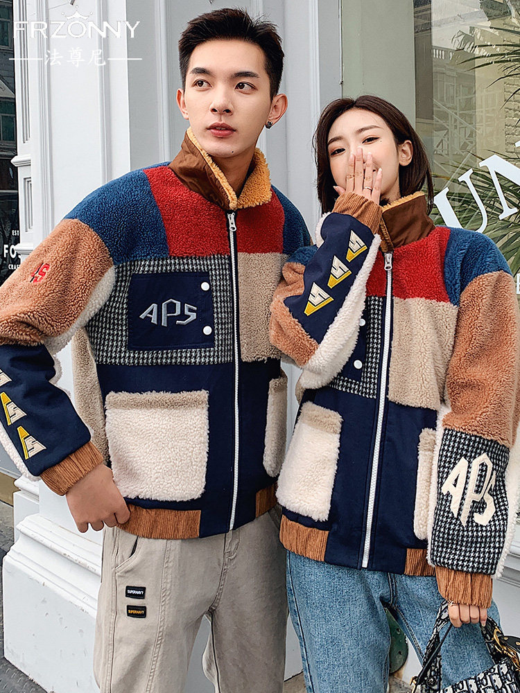 Men and women lovers winter coat Korean ins tide item contrast embroidery wool coat short fur couple outfit