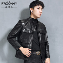 Mens leather jacket autumn new leather jacket short collar goatskin locomotive youth trend slim slim coat