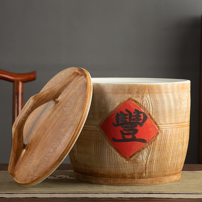 Jingdezhen ceramic barrel home 10 jins 20 to 30 jins imitation solid wood flour barrels moistureproof insect - resistant seal storage tank