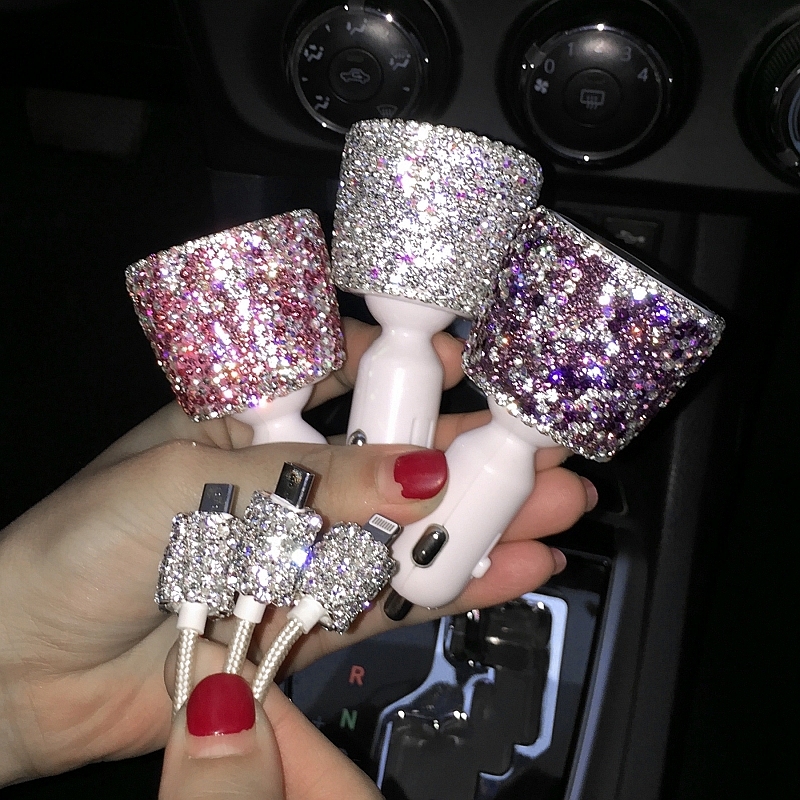 Car Charger Fast Charge Cigarette Lighter One Drag Two Rhinestone Flash Charge Car Charger Three-in-one Data Cable Car Supplies Female