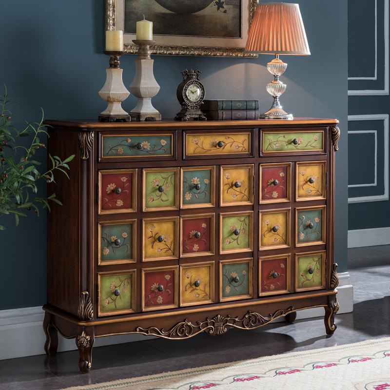 European-style solid wood shoe cabinet home entry porch cabinet American-style painted dining cabinet pastoral storage cabinet balcony side cabinet