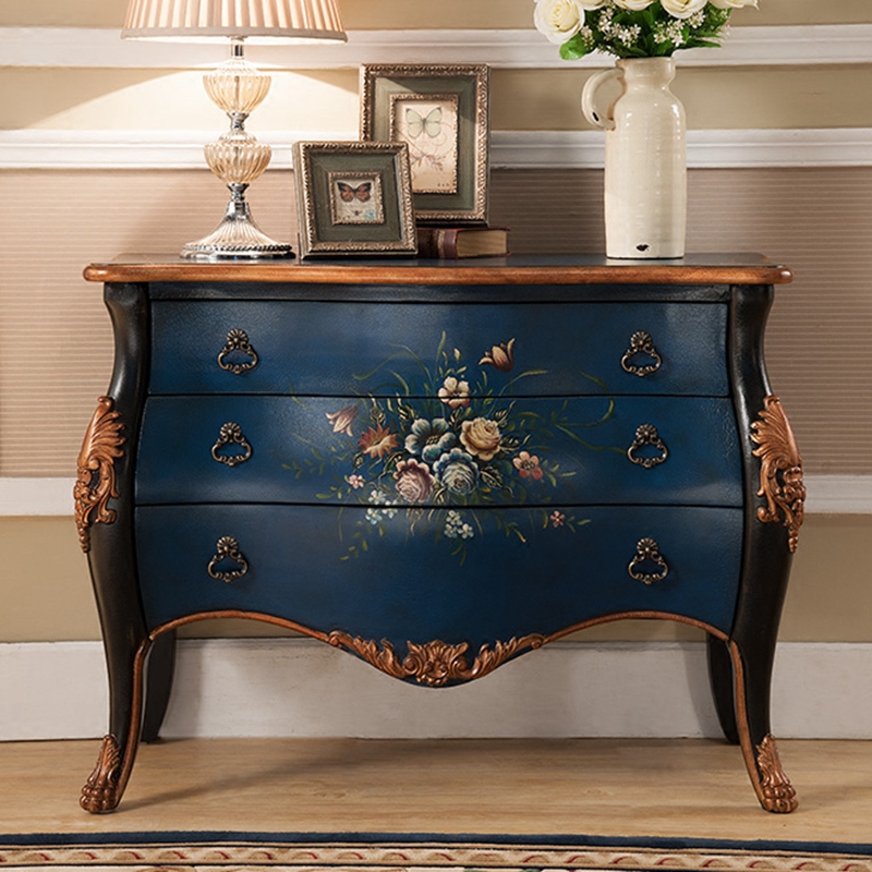 European and American country three-drawer cabinet porch cabinet foyer partition cabinet decorative cabinet hand-painted carved locker living room furniture