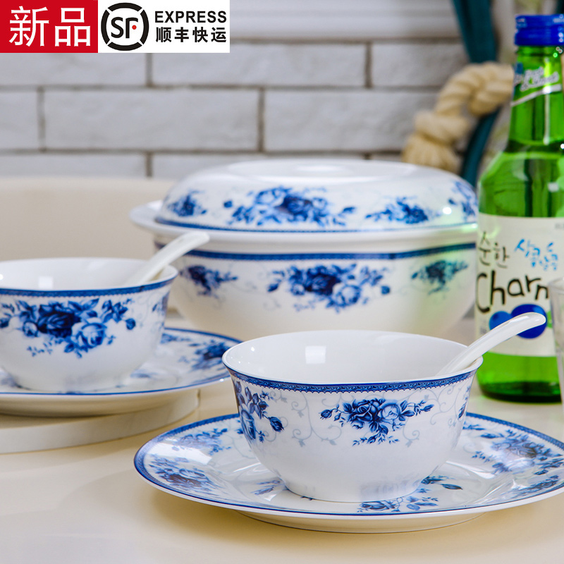 Xi make jingdezhen blue and white porcelain tableware suit dishes Chinese ipads bowls disc suit real roses