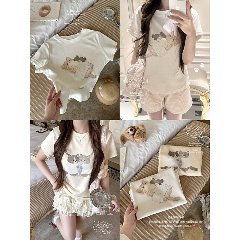 Bear Cub Chicken Nuggets Meow Meow and Mimi/Spring and Summer Cute Original Hand-Drawn Kitten Print Short Cotton T-Shirt Bear Cub Chicken Nuggets Meow Meow and Mimi/Spring and Summer Cute Original Hand-Drawn Kitten Print Short Cotton T-Shirt