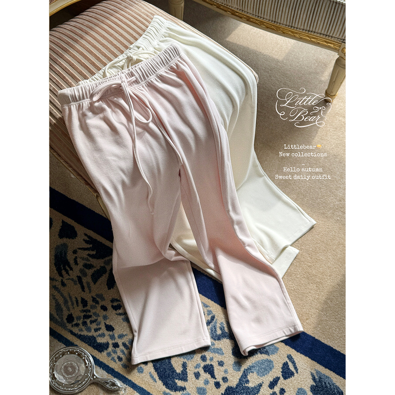 Bear Cub Chicken Diced Pattern Glutinous Rice Pants/Autumn and Winter Milky White Pink Knitted Casual Pants Slimming Fleece-Lined Brushed Draped Straight-Leg Pants