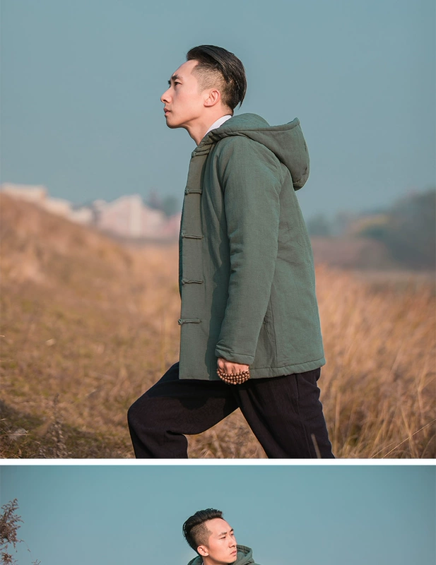 Trả lại phong cách Trung Quốc áo khoác đệm bông của nam giới retro có mũ trùm đầu khóa đĩa áo khoác đệm Tang phù hợp với áo khoác đệm áo khoác mùa đông ấm áp - Bông