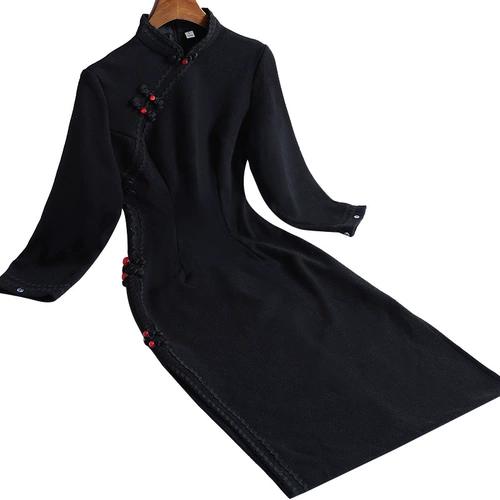 Ципао, ретро приталенное черное винтажное платье, 2020 года, китайский стиль