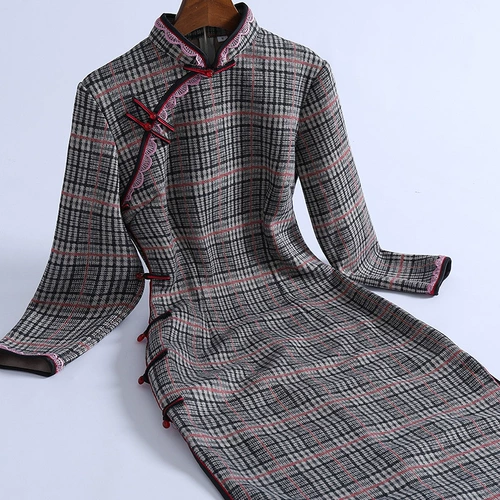 Зимнее ципао, приталенное шерстяное легкое платье, увеличенная толщина, китайский стиль