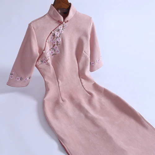 Демисезонное ципао, ретро легкое платье с рукавами, 2020 года, светлый стиль, с вышивкой