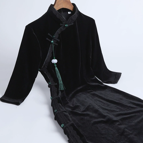 Демисезонное ретро элегантное черное бархатное ципао, 2021 года, китайский стиль