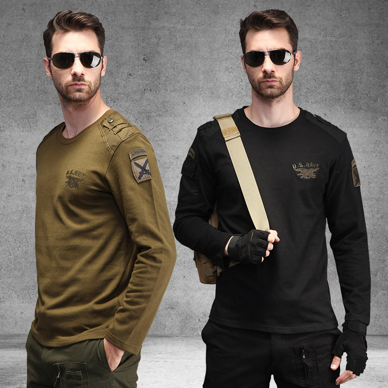 Military field line outdoor spring and autumn men's long-sleeved T-shirt tooling tactical top casual loose round neck long-sleeved inner wear