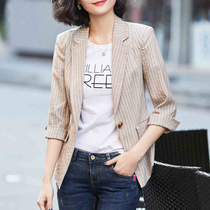 Net red striped small suit women jacket 2021 summer new Korean version Joker vintage short suit womens coat thin