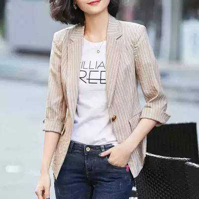 Net red striped small suit women jacket 2021 summer new Korean version Joker vintage short suit women's coat thin
