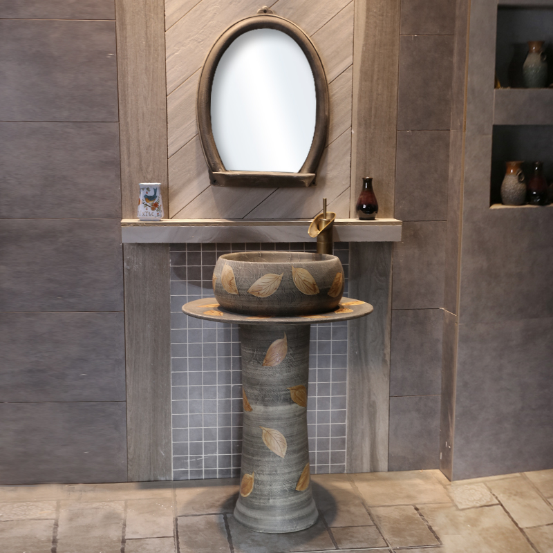 Ceramic Column Basin Wash Basin Ground Type Art Integrated Terrace Basin Make-up Room Post Style Washbasin Frosted Gold Leaf