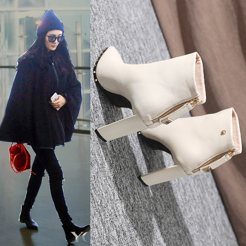 Martin short boots women's 2021 new winter autumn and winter Joker fashion thick heel high heel women's shoes beige plus velvet winter shoes