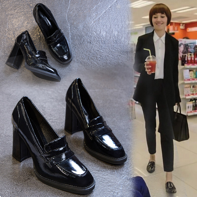 High-heeled shoes women's 2022 new autumn spring and autumn models thick heels square toe British style small leather shoes single shoes women's middle heels