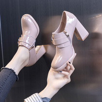 High heels women 2021 New Joker thick heel waterproof table small leather shoes Autumn Spring and Autumn English style single shoes nude color
