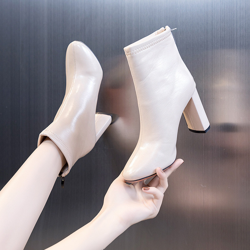 Coarse heeled high heels women's shoes Martin boots New 2021 Winter autumn winter Joker plus velvet slim boots beige