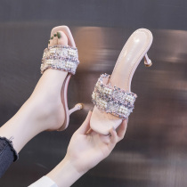 Slippers female 2021 new summer fashion outside wear Joker Pearl thin heel with sexy word cool