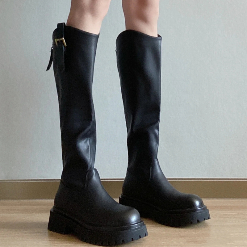 Plus-Size Women's Wide High Boots with V-Cut Thick Soles, New Autumn and Winter Long Boots, French-Style Black Height-Increasing Riding Boots