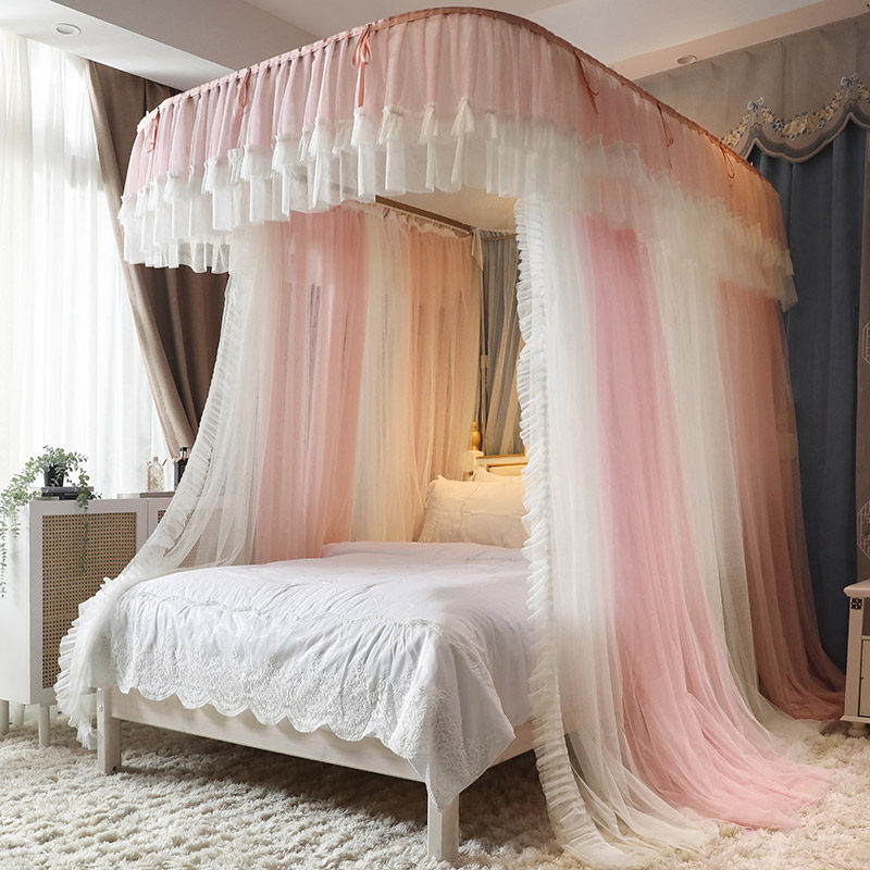 High-end Rail Mosquito Nets Home U Type Orbital Stents Princess Wind 1 8m2 Mi Bed Thickened free of mounting and thick brackets