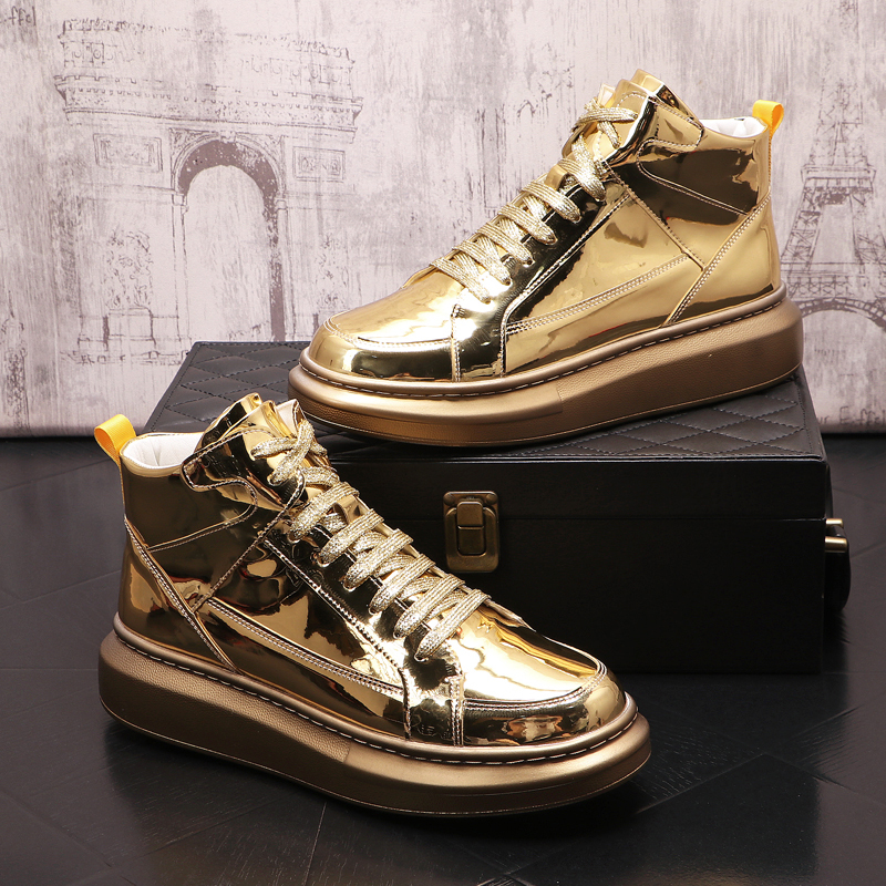 High-Top Shoes for Men, New Spring and Autumn Fashion, Trendy Men's Short Boots, Thick-Soled, Height-Increasing, Lace-Up Men's Shoes, Gold Patent Leather Martin Boots