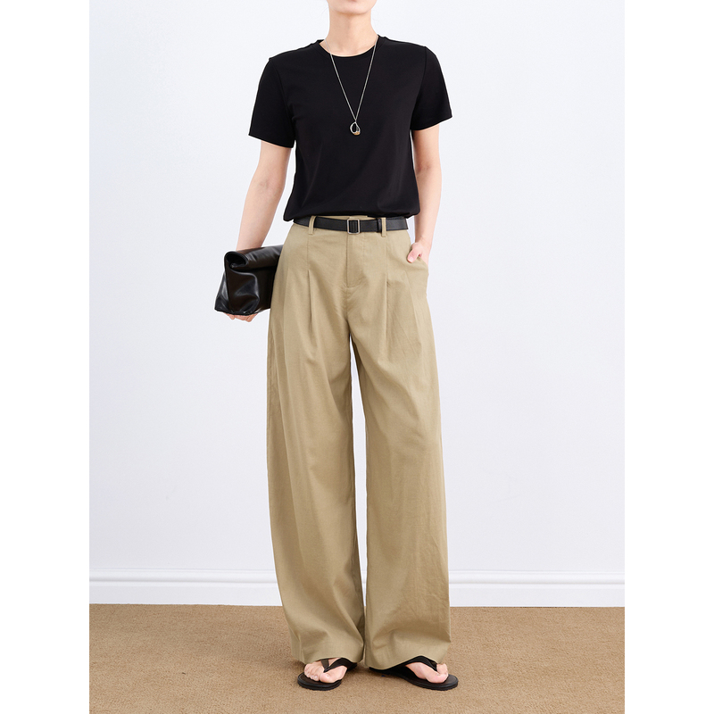 Lassen Linen Double Pleated Curved Knife Casual Pants for Women, Size 26, New Summer Khaki Color, Drapey Thin Wide-Leg Pants Lassen Linen Double Pleated Curved Knife Casual Pants for Women, Size 26, New Summer Khaki Color, Drapey Thin Wide-Leg Pants