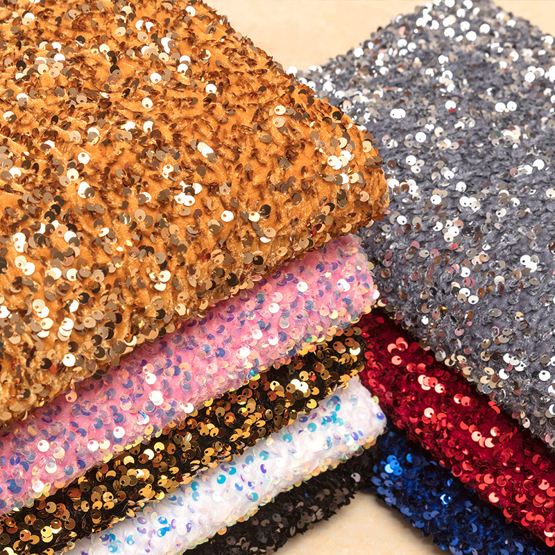 Non-Falling Velvet Elastic Fabric with 3D 5mm Sequin Embroidery, Foam Beads, Fashionable Performance Clothing Fabric, Velvet Fabric