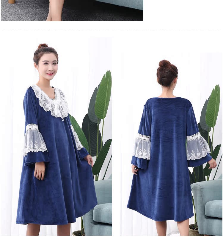Phiên bản Hàn Quốc của tòa án ren đôi đồ ngủ nhung nữ XL váy ngủ mùa đông dài bà bầu lỏng áo choàng váy thu đông đẹp
