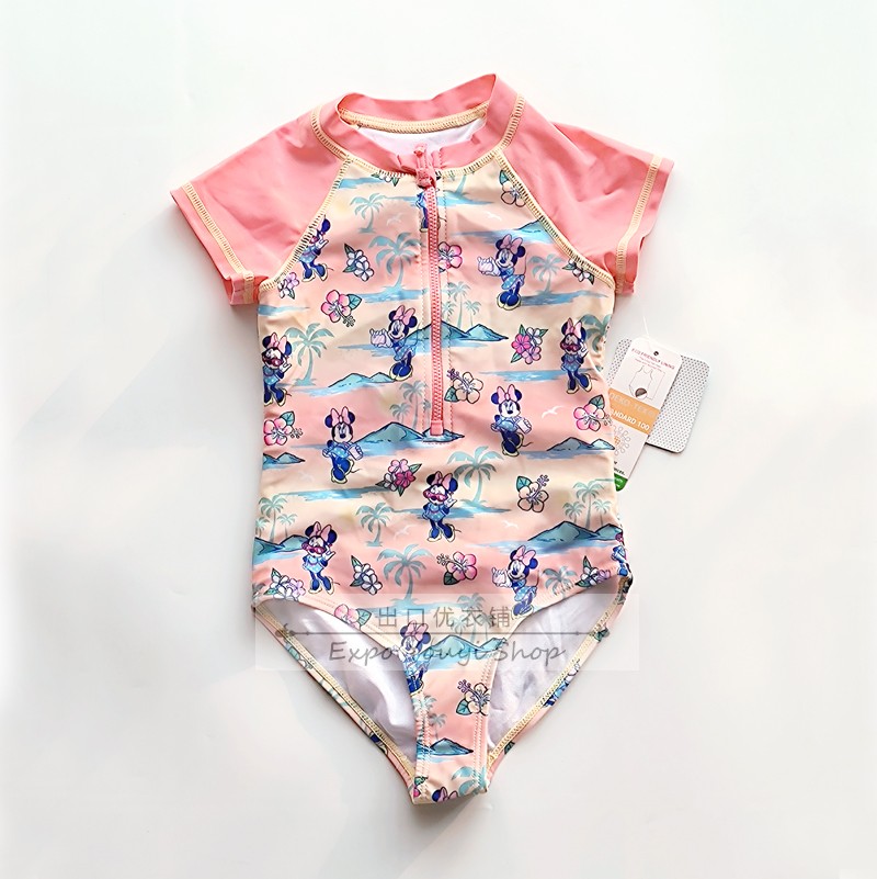 (UPF50 sunscreen) exported beauty single 4-8 year old girl short sleeve one-piece swimsuit front flap zipper cartoon pattern-Taobao