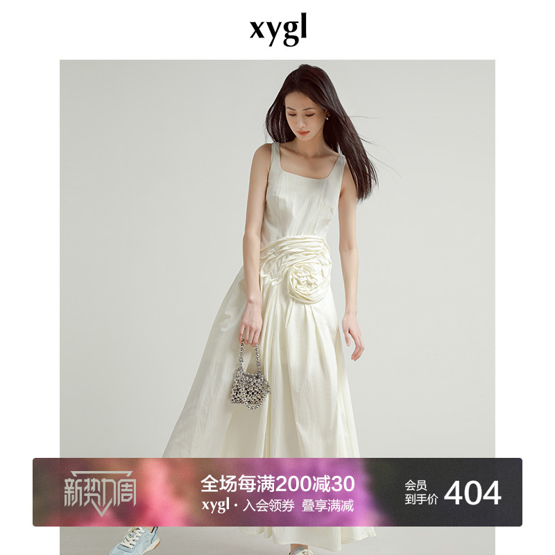 希少な確率オリジナルデザイン立体花柄ホワイトドレス女性夏ニッチサスペンダーウエストAラインロングスカート