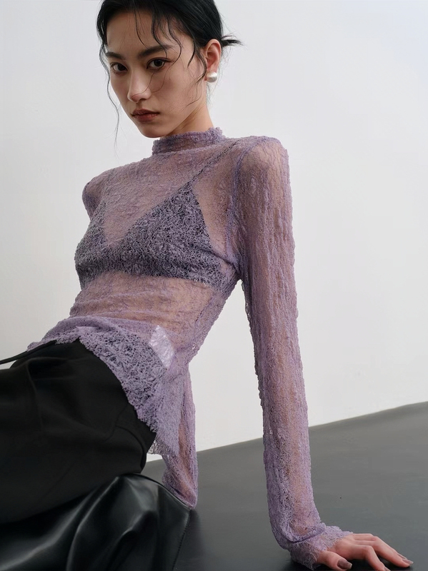 26Ss French-Style Purple Lace Mesh Inner Layer Hollow-Out See-Through Slim-Fit Versatile Base Shirt Top for Women 26Ss French-Style Purple Lace Mesh Inner Layer Hollow-Out See-Through Slim-Fit Versatile Base Shirt Top for Women