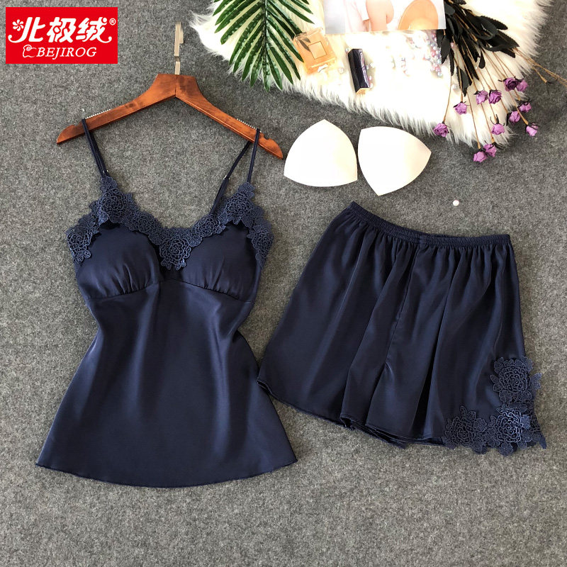 2021 new pajamas women summer sexy gather small chest strap chest pad ice silk lace suspenders short-sleeved two-piece suit