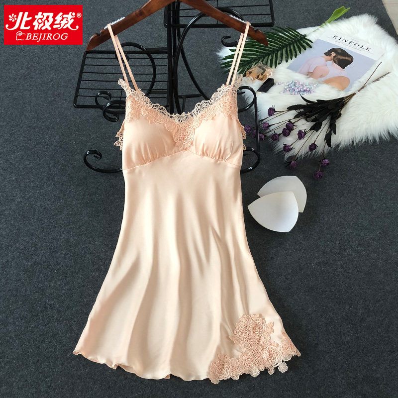 Sling pajamas women's summer with chest pad ice silk Korean version fresh, sweet and cute student home clothes nightdress women's summer sexy