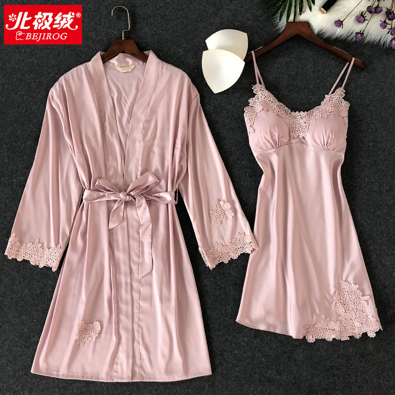 Sexy pajamas women autumn and summer ice silk hot adult nightgown suspenders nightdress gather small chest sexy short sleeve two-piece set