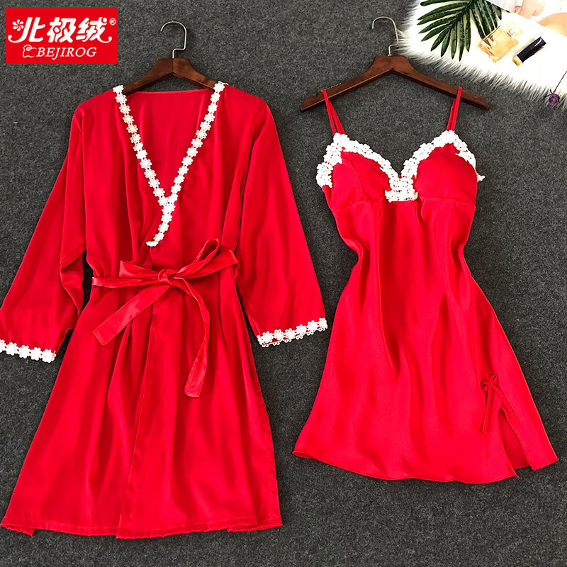 2021 red two-piece sexy sling pajamas women can wear sexy lace summer hot nightdress with chest pads