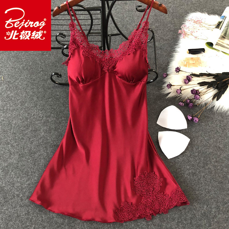 Nightdress summer thin ice silk sling sexy fun pajamas women summer transparent temptation with chest pad lace hot