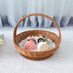 Imitation Rattan Iron Frame Woven Basket Round Hand-Held Basket Outdoor Picnic Basket Vegetable Basket Living Room Fruit Basket Gift Basket Picking Basket