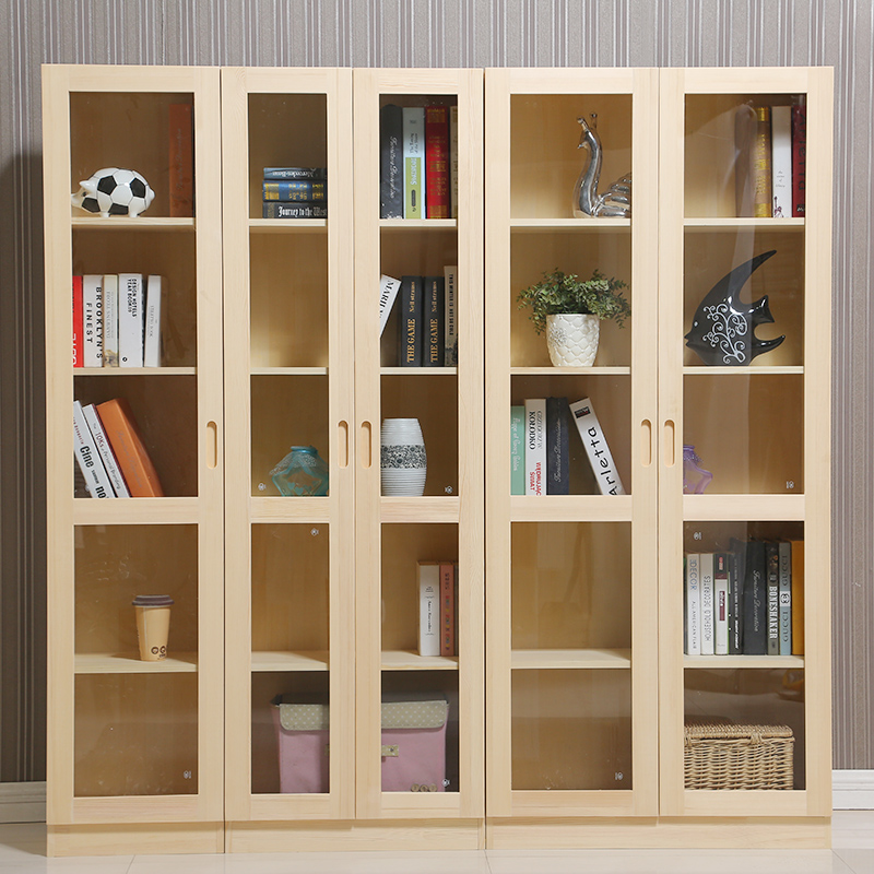 Solid wood bookcase pine glass door combination bookcase bookshelf children's bookcase with door file display cabinet locker