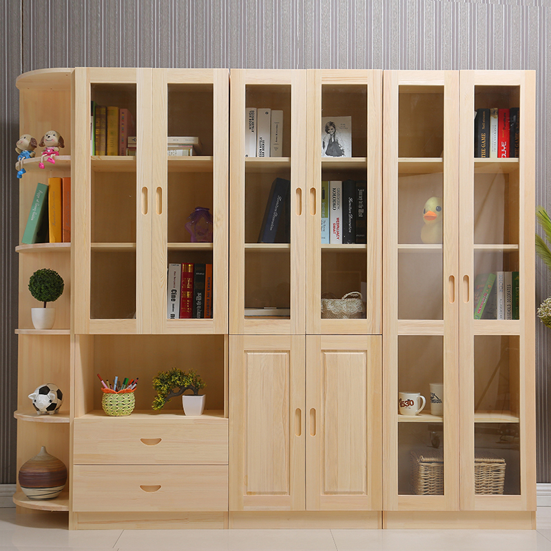 Solid wood Chinese bookcase children bookcase Free combined pine wood glass door bookcase with drawer storage containing cabinet