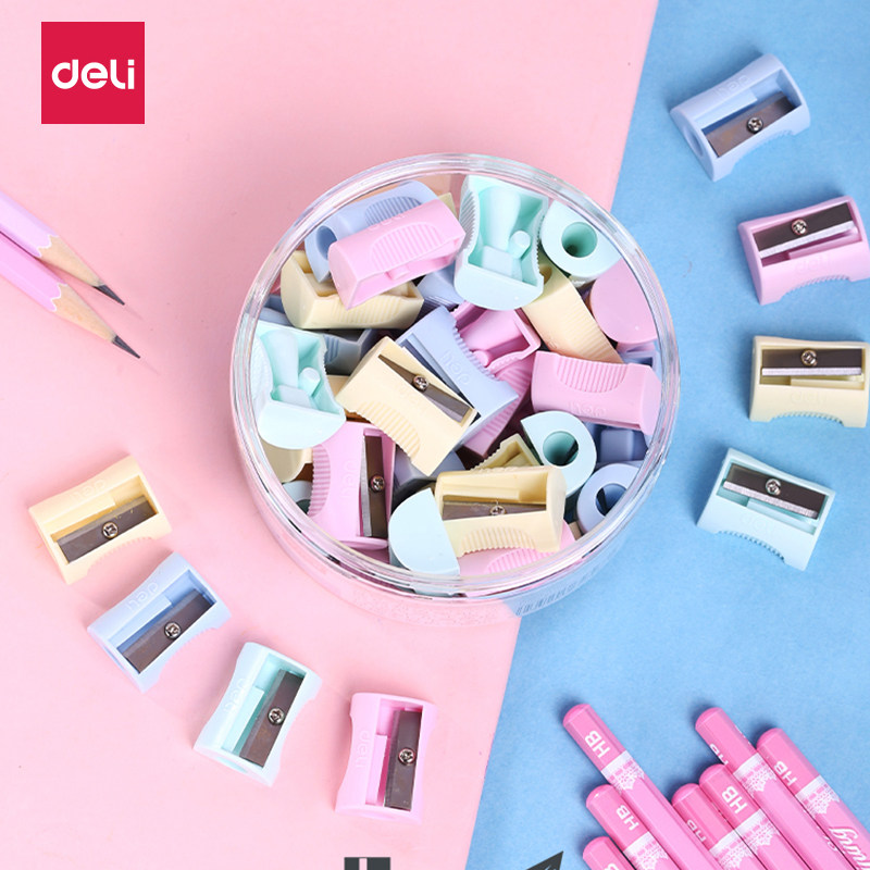 Deli pencil sharpener Colorful mini small pencil sharpener for primary school children kindergarten with cute small portable pen sharpener Manual simple rotary pen knife Candy color color pencil sharpener stationery supplies