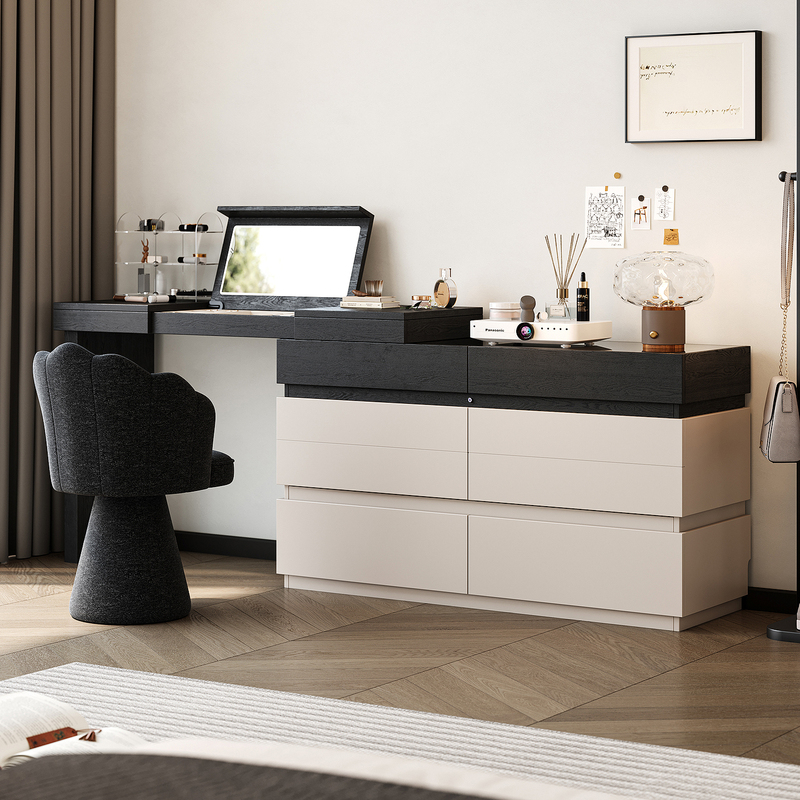 Italian Minimalist Solid Wood Dressing Table with Integrated Drawer Cabinet, Bedroom Bedside Flip-Top Mirror, Vintage Style Makeup Desk