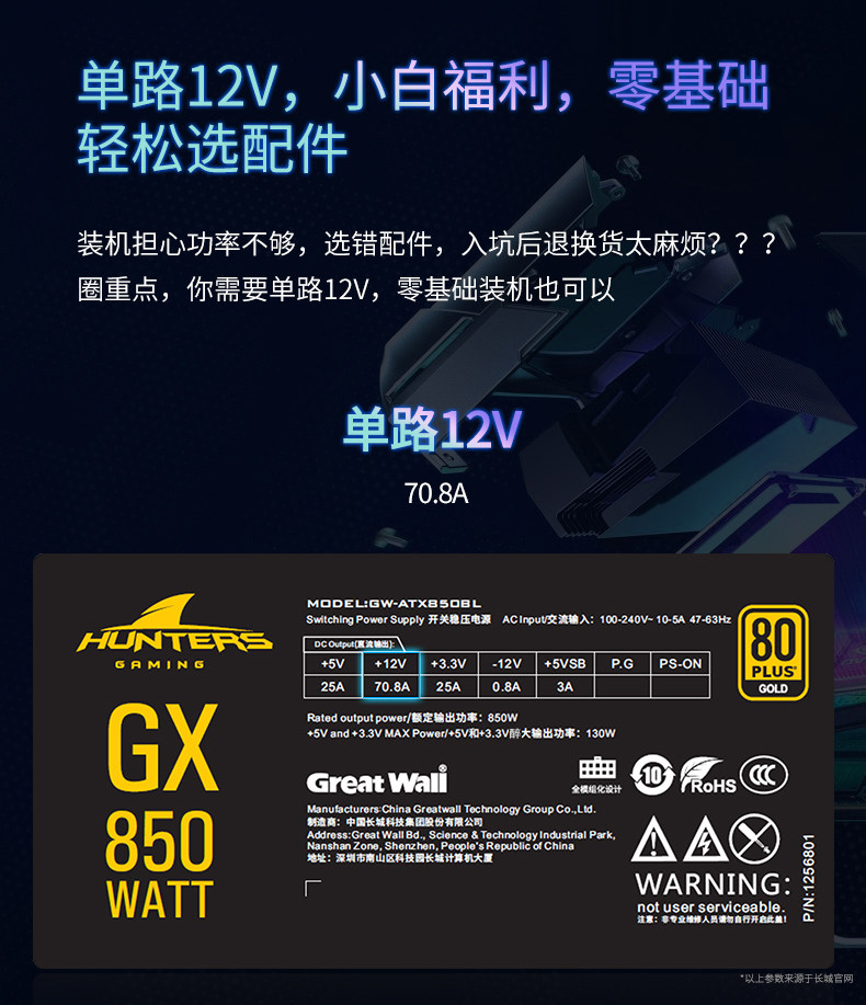 Электропитание для ПК 长城gx/g11/g13金牌全模组电源额定850w白金1100宽幅1300w电源sfx