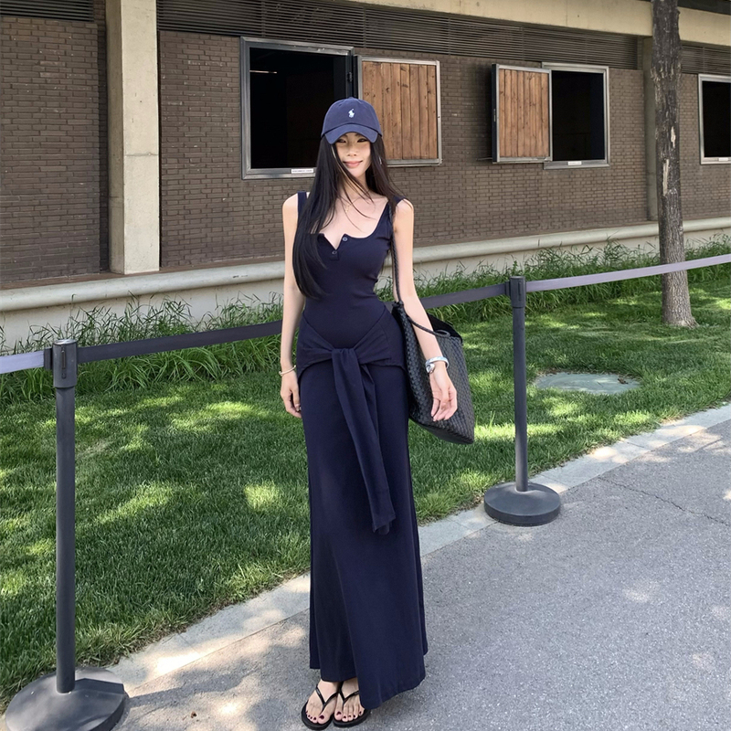 Tall Version with Chest Pads, Sleeveless Knitted Dress, Women's Summer Elegant Shawl and Suspender Two-Piece Set